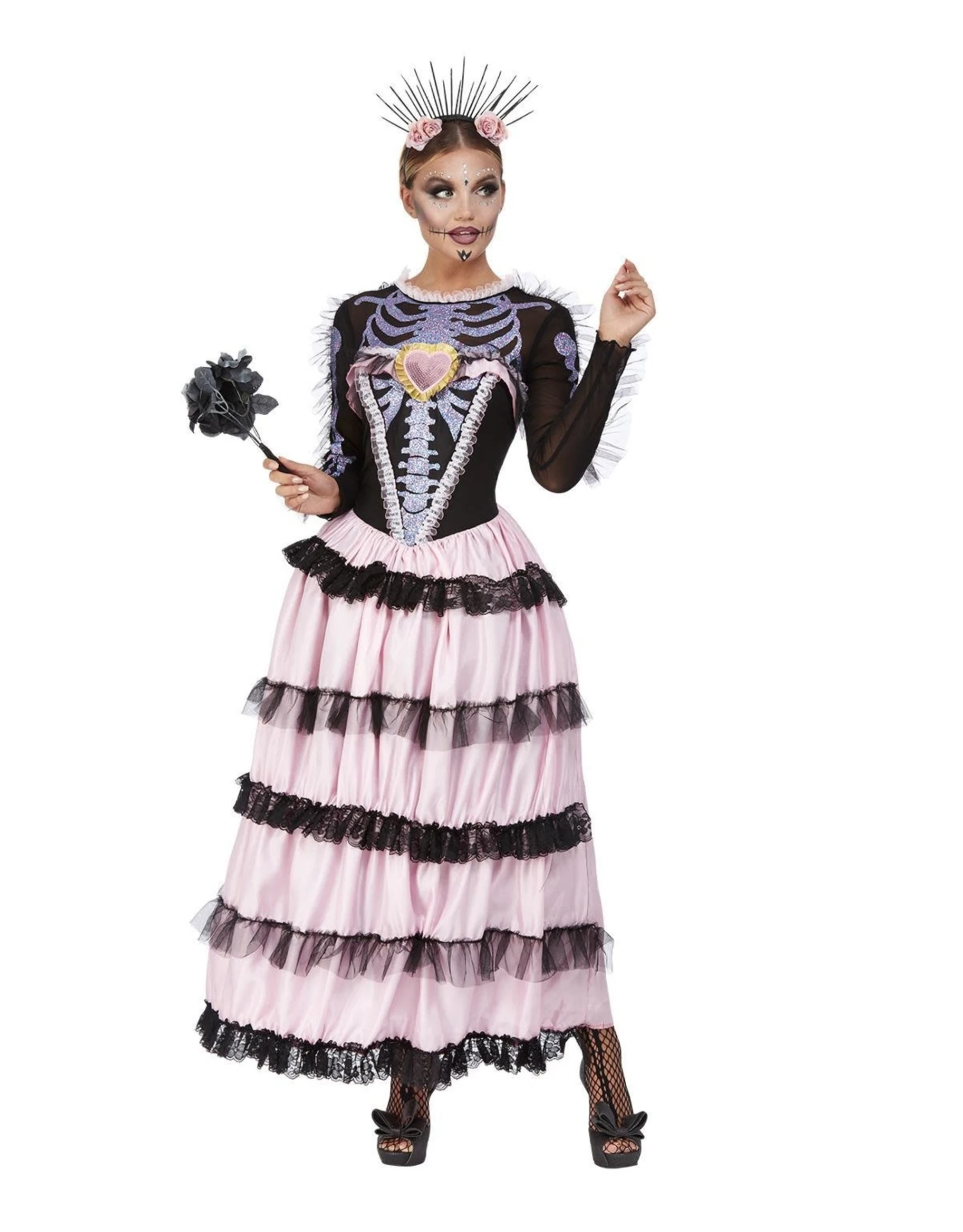 Day Of The Dead Pastel Dameskostuum, Roze/Zwart 2 Day Of The Dead Pastel Dameskostuum, Roze/Zwart - Afbeelding 2