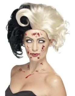 Deluxe Evil Madame Pruik, Zwart Met Witte Lokken.