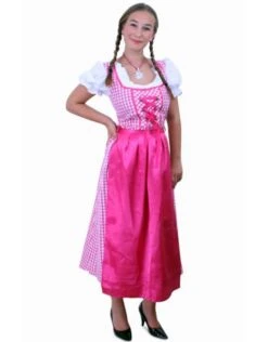 Tiroler Jurk Lang Lena Pink/wit Ruitje, Schortje Pink